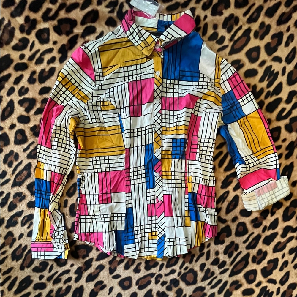 New York & Company Multicolor Mondrian Geometric Button Down Blouse NWT S